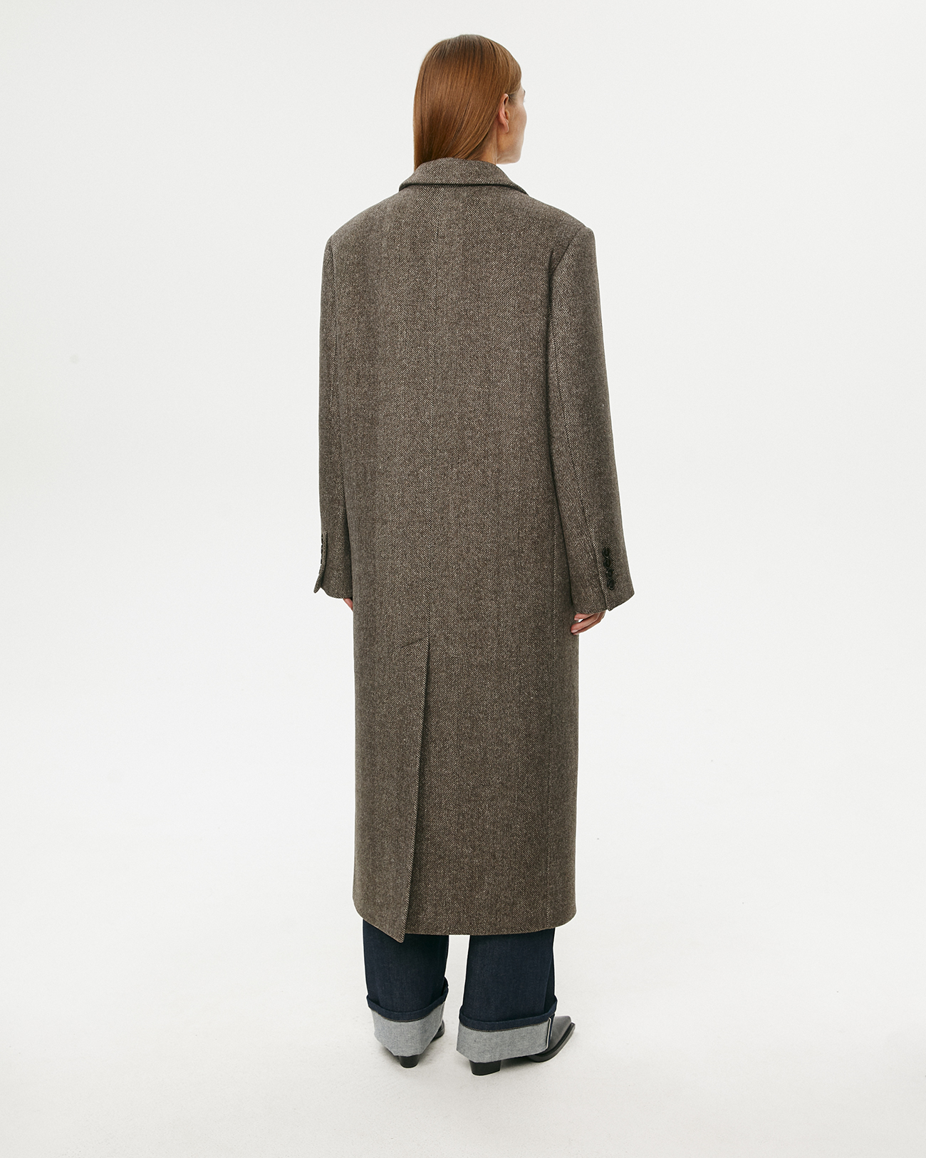 Пальто однобортное из шерсти в елочку коричневого цвета
