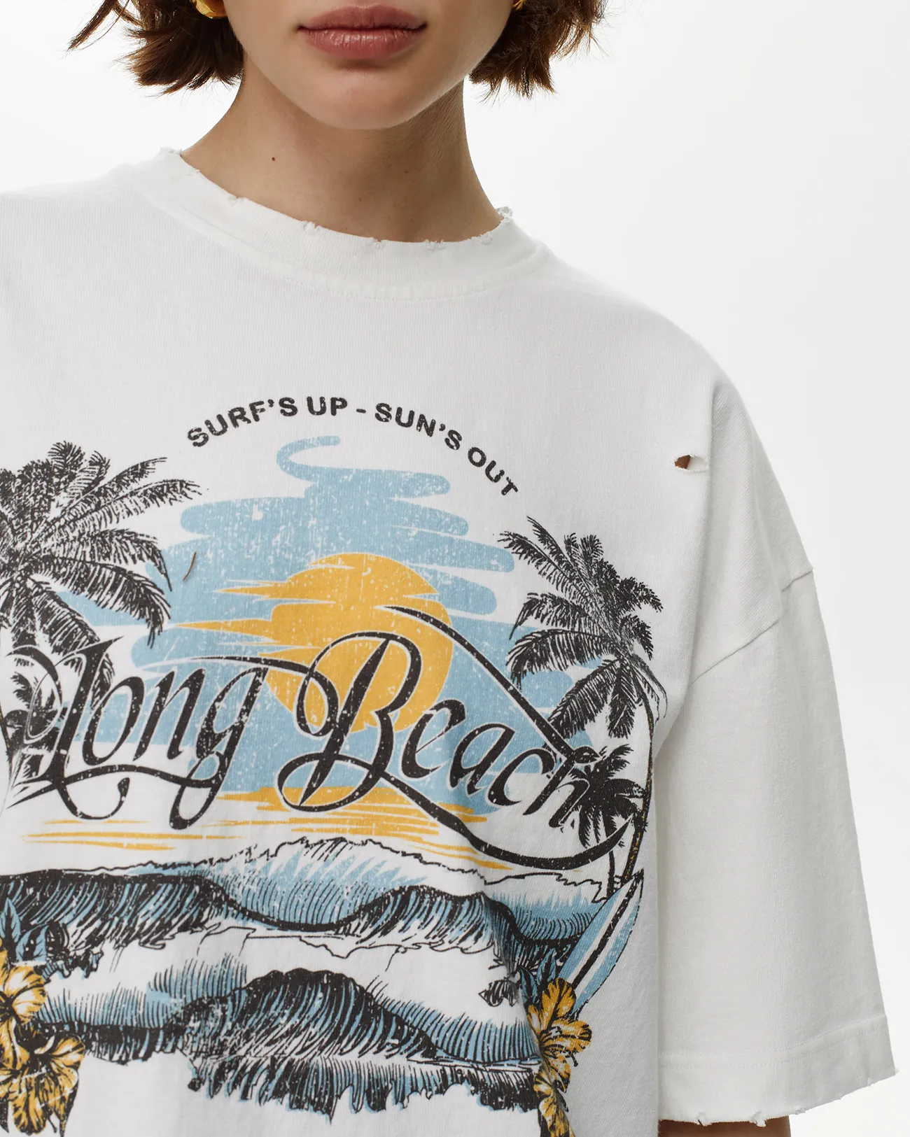 

Винтажная футболка Long beach молочного цвета, XS