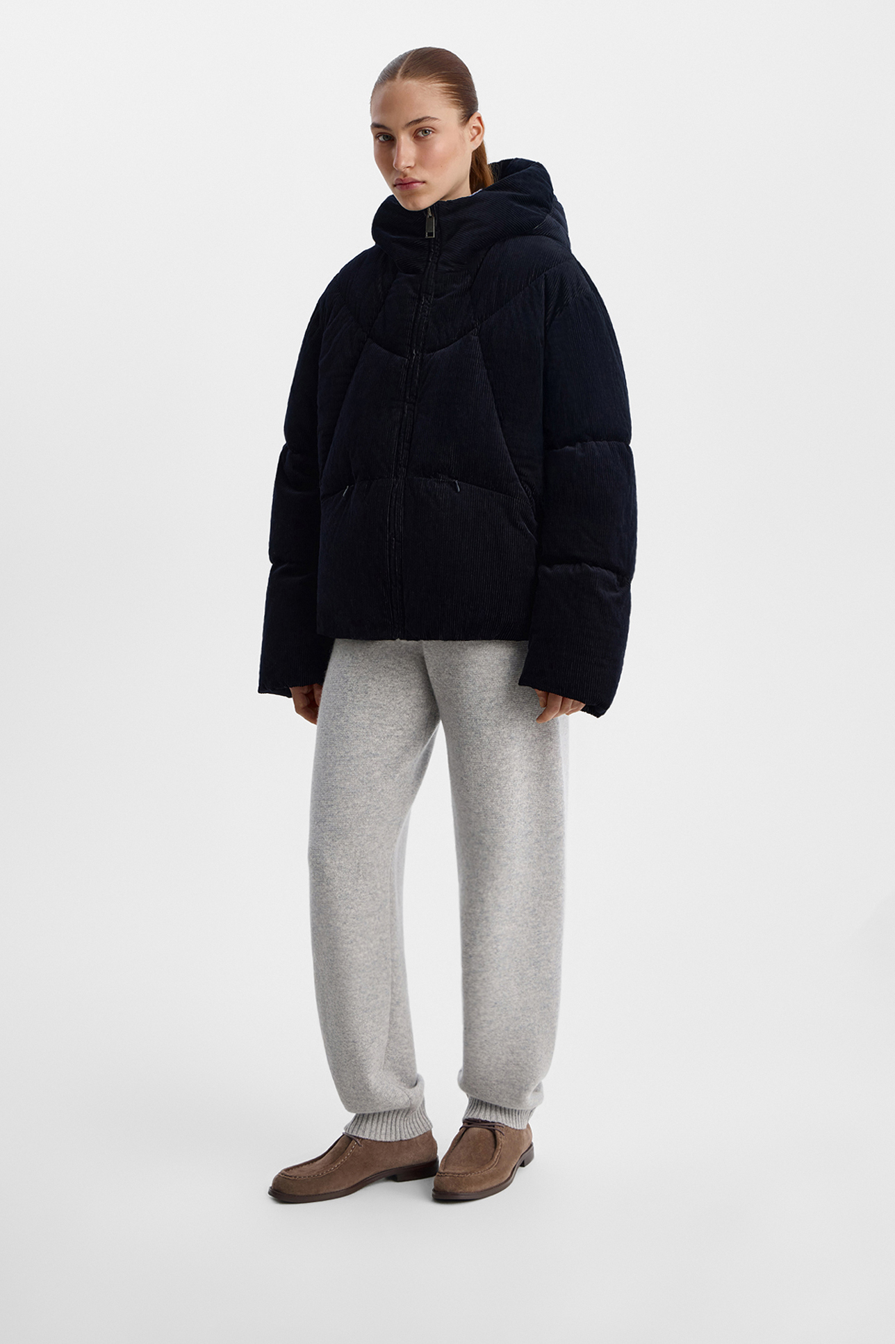 

Пуховик из вареного вельвета синего цвета, XS