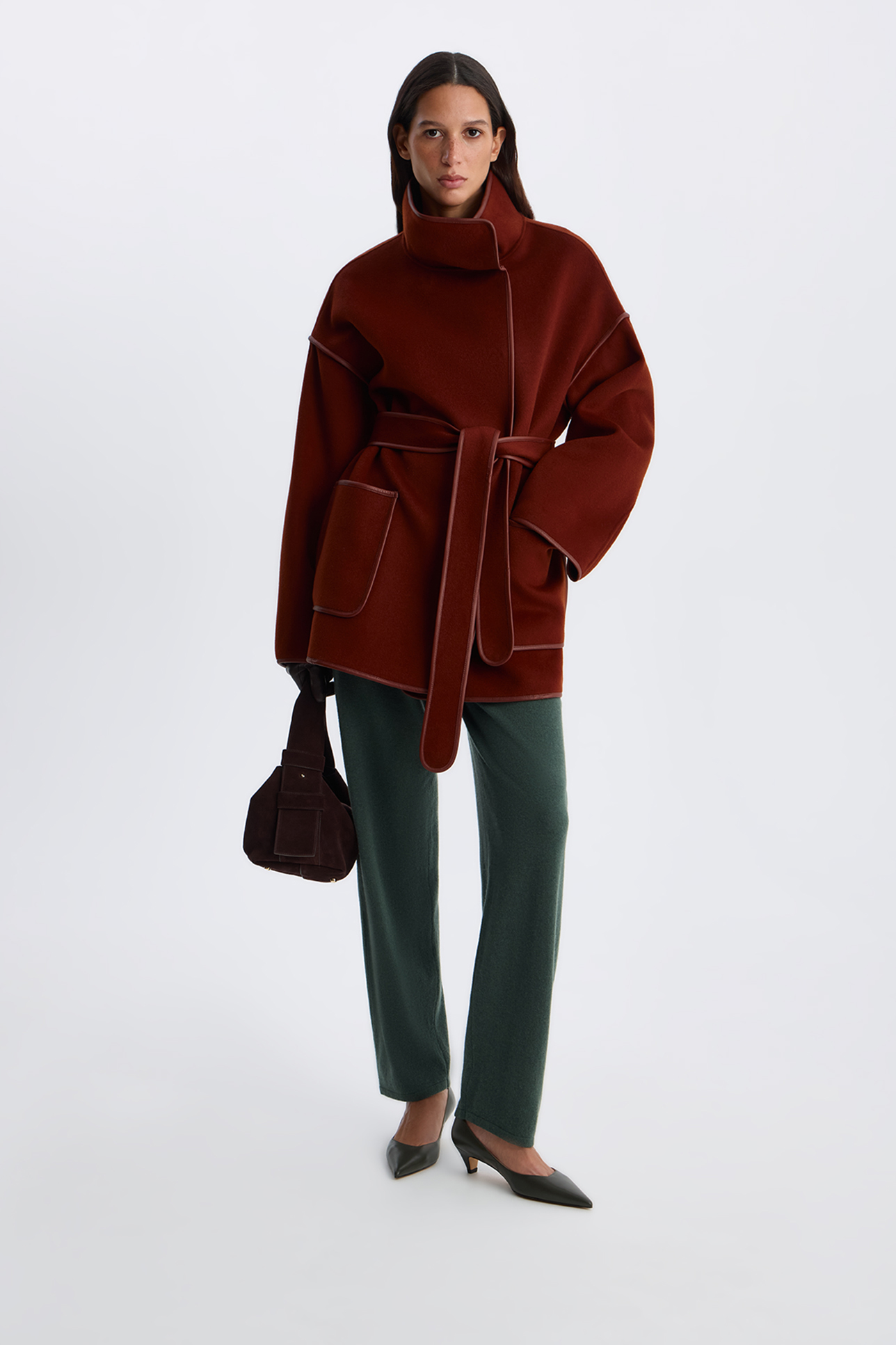 

Полупальто с окантовкой из натуральной кожи терракотового цвета, M