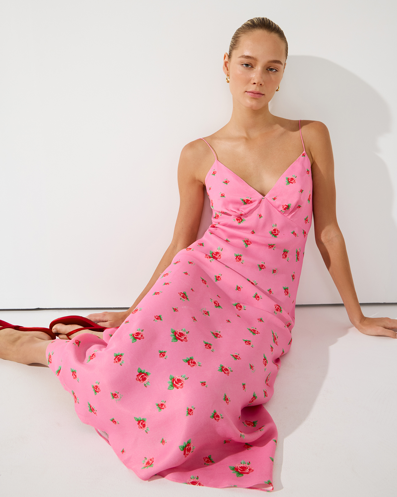 

Платье-комбинация миди с принтом розового цвета, XS