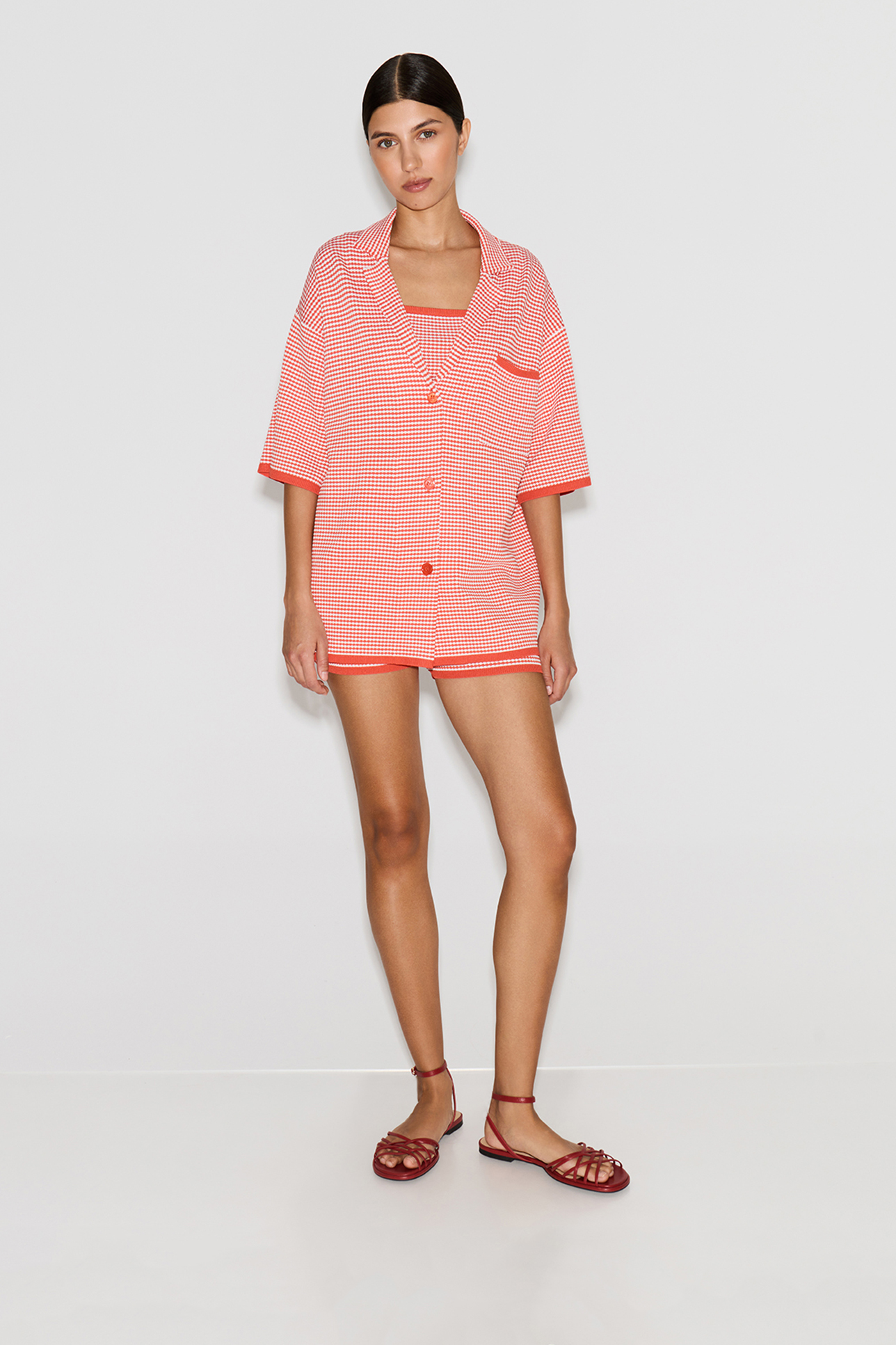 

Рубашка в полоску с коротким рукавом кораллового цвета, XS