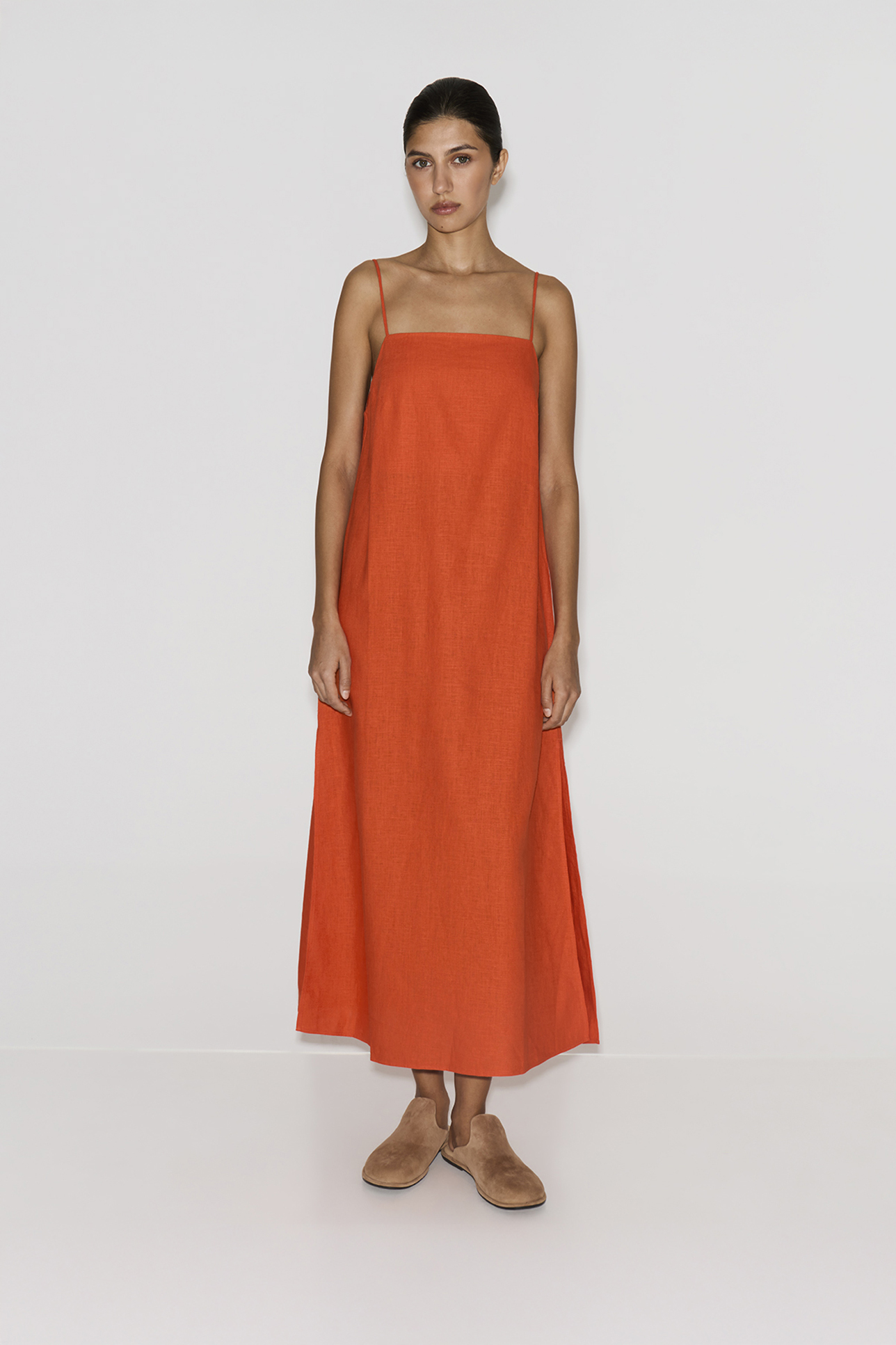 

Платье-комбинация макси изо льна оранжевого цвета, S