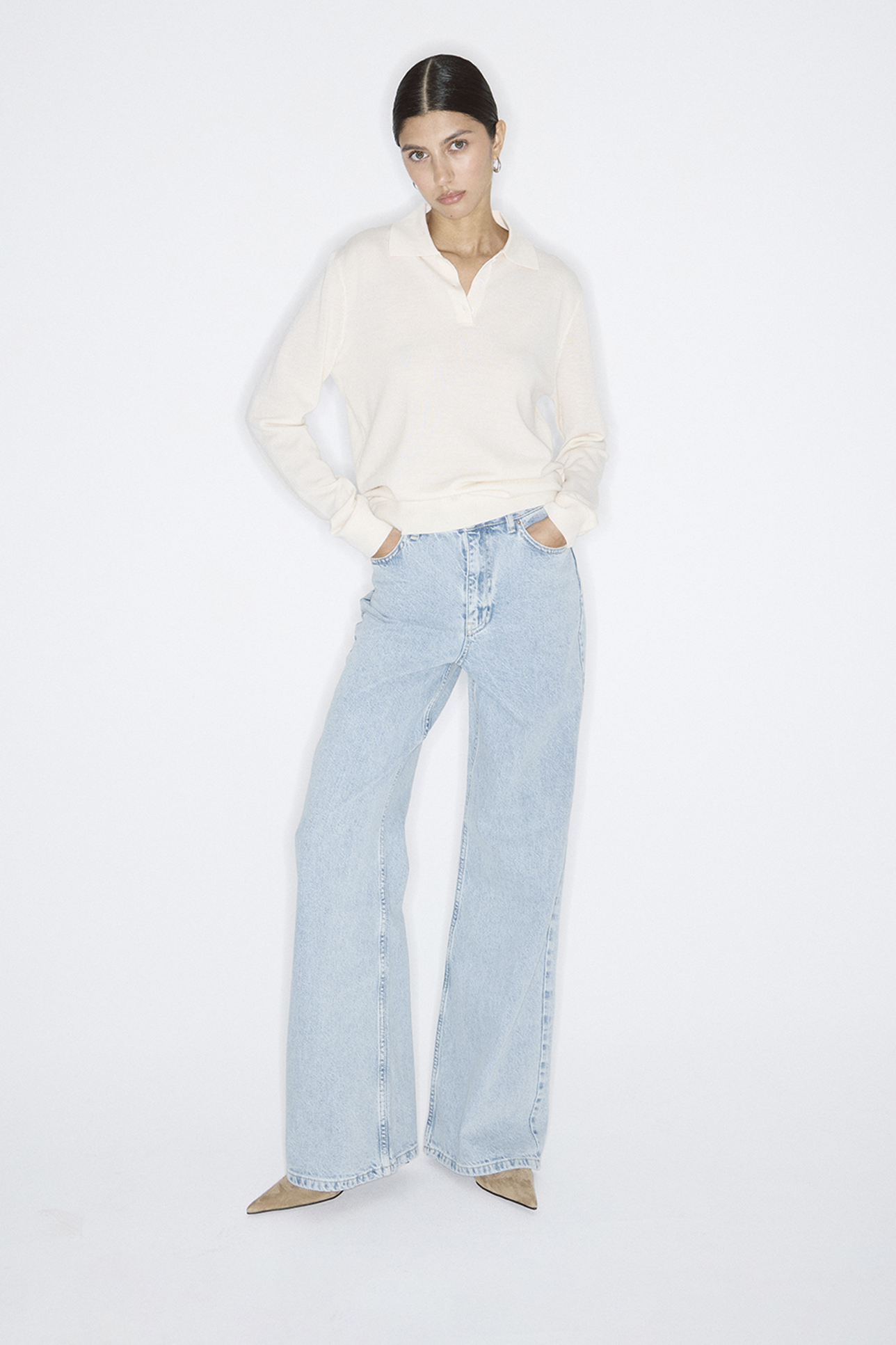 

Поло тонкое из шерсти мериноса молочного цвета, XS