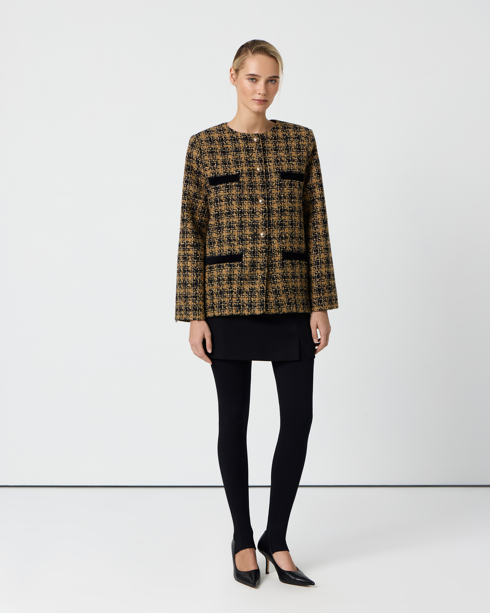 

Удлиненный твидовый жакет горчичного цвета, XS