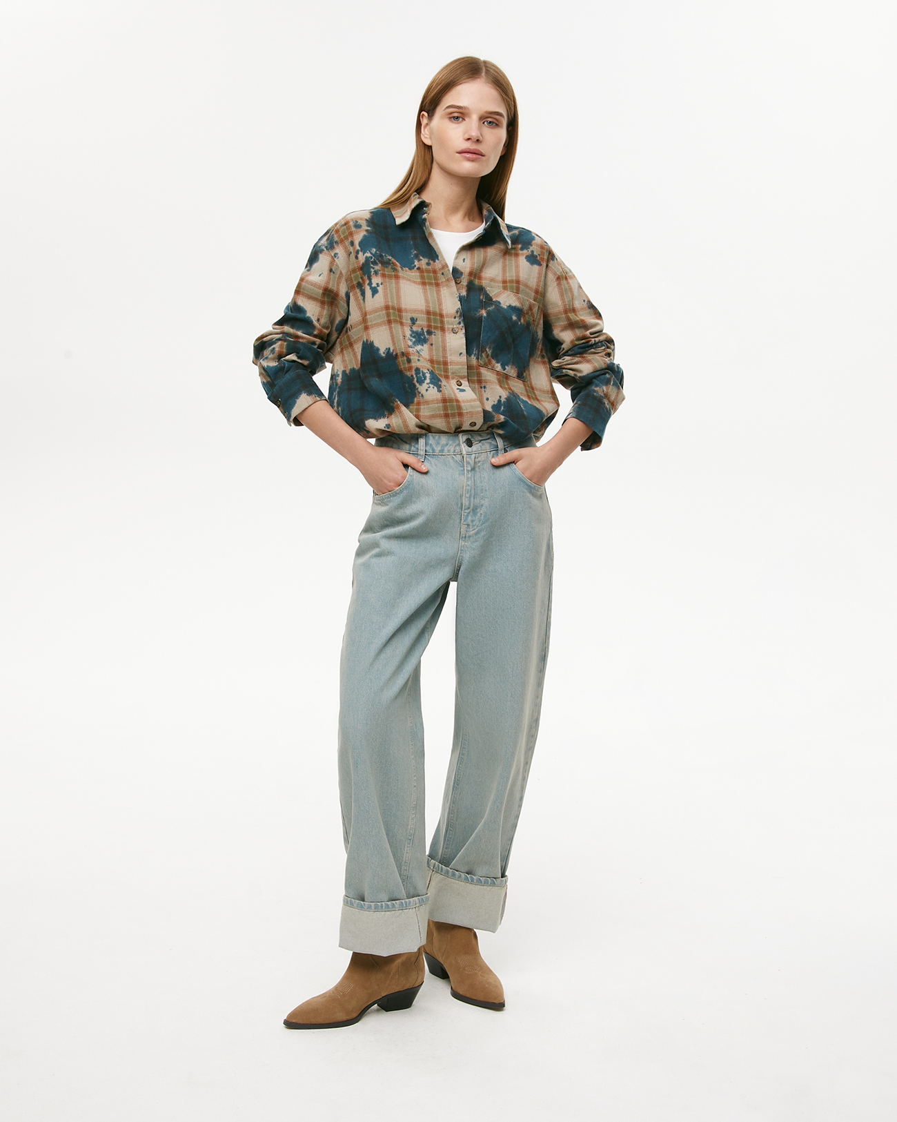 

Рубашка в клетку с эффектом тай-дай зеленого цвета, M