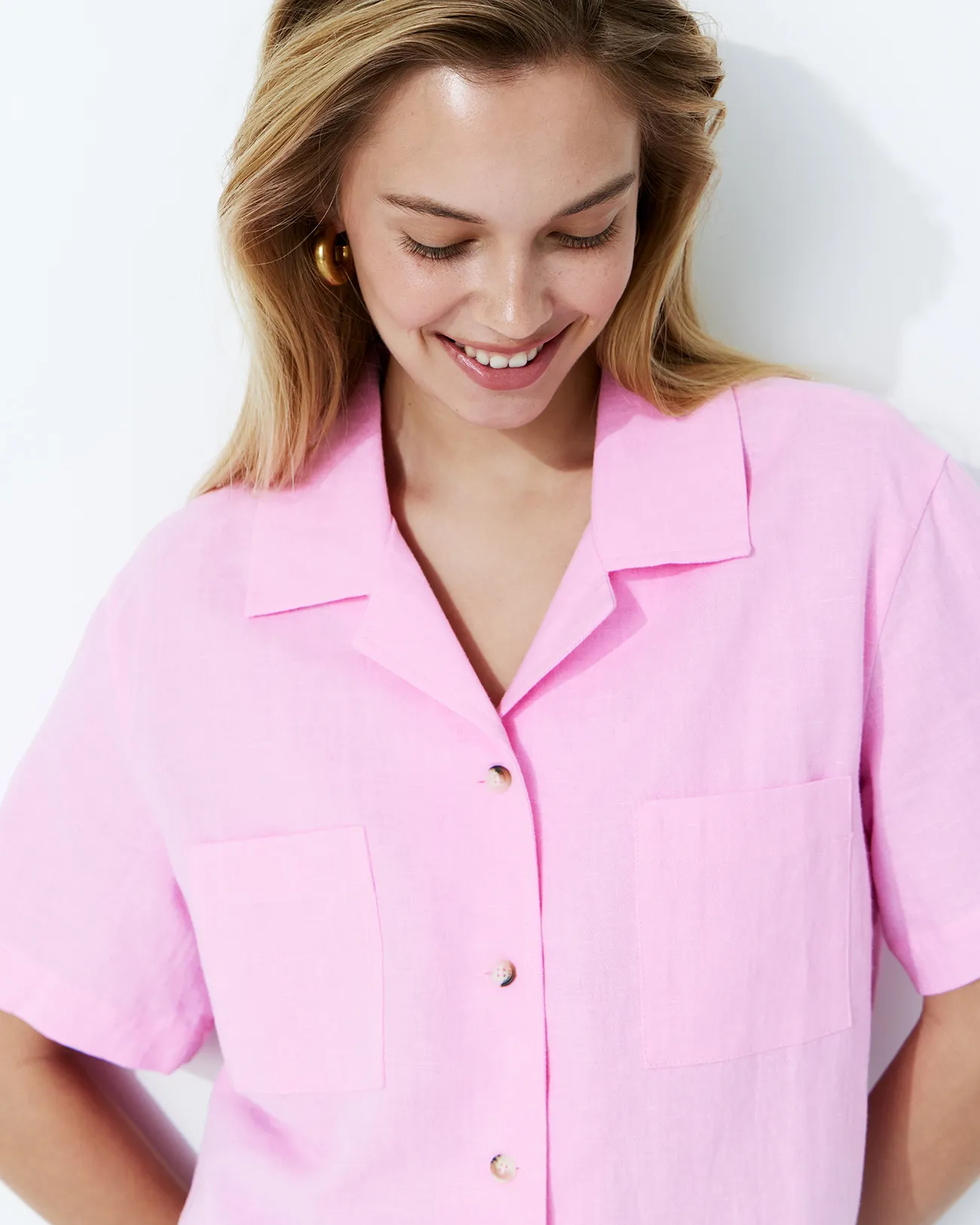 

Рубашка льняная укороченная розового цвета, L
