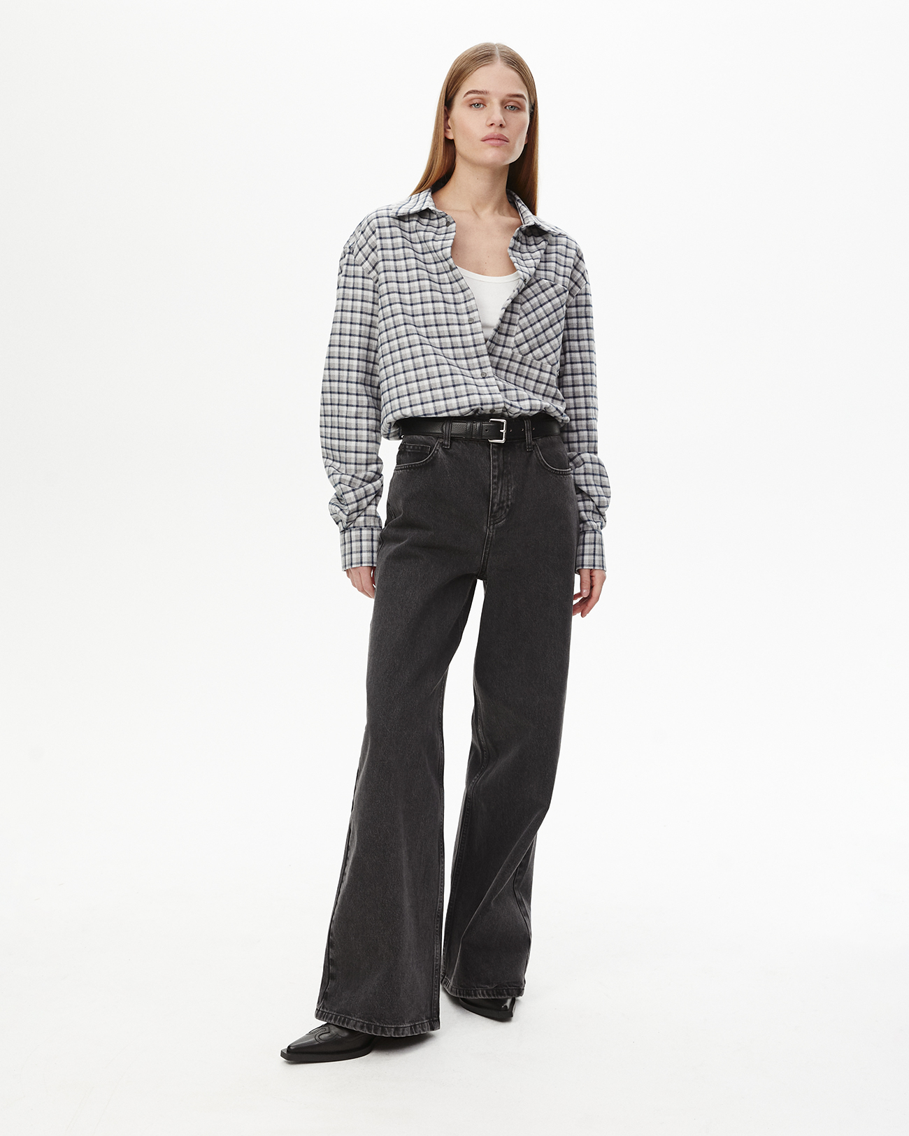 

Рубашка в клетку серо-синего цвета, XS