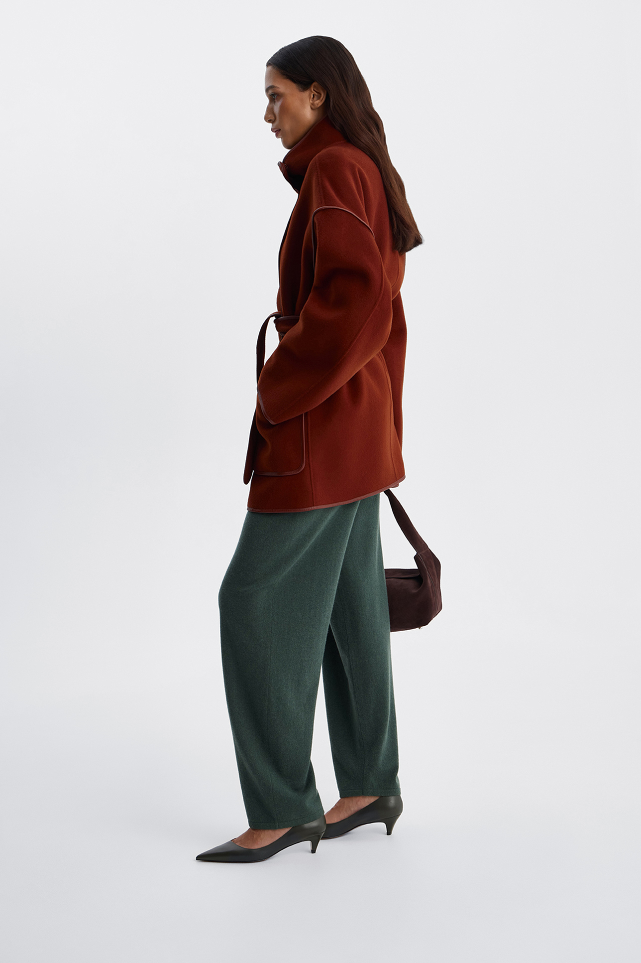 

Полупальто с окантовкой из натуральной кожи терракотового цвета, M