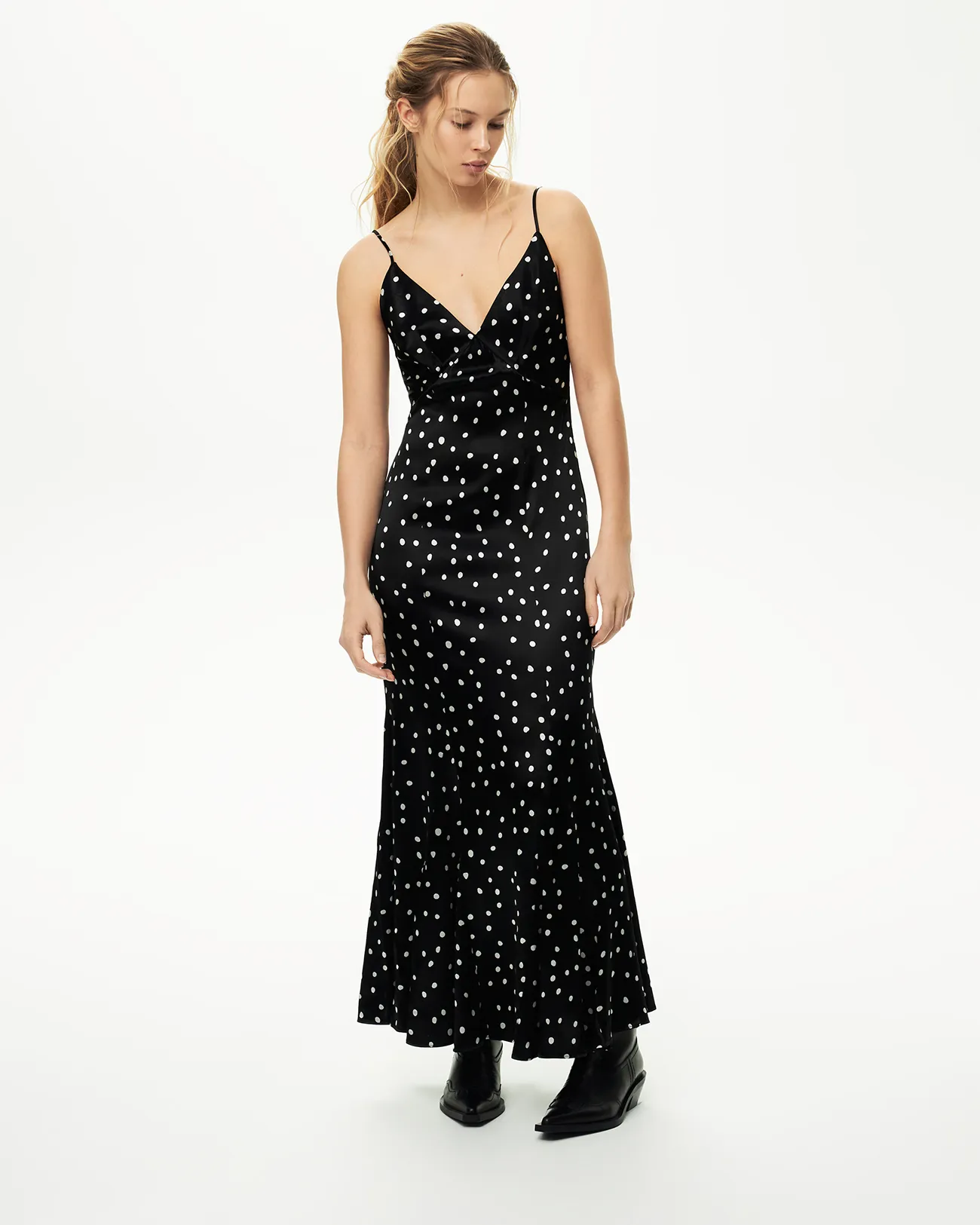 

Платье-комбинация макси в горох черного цвета, XS