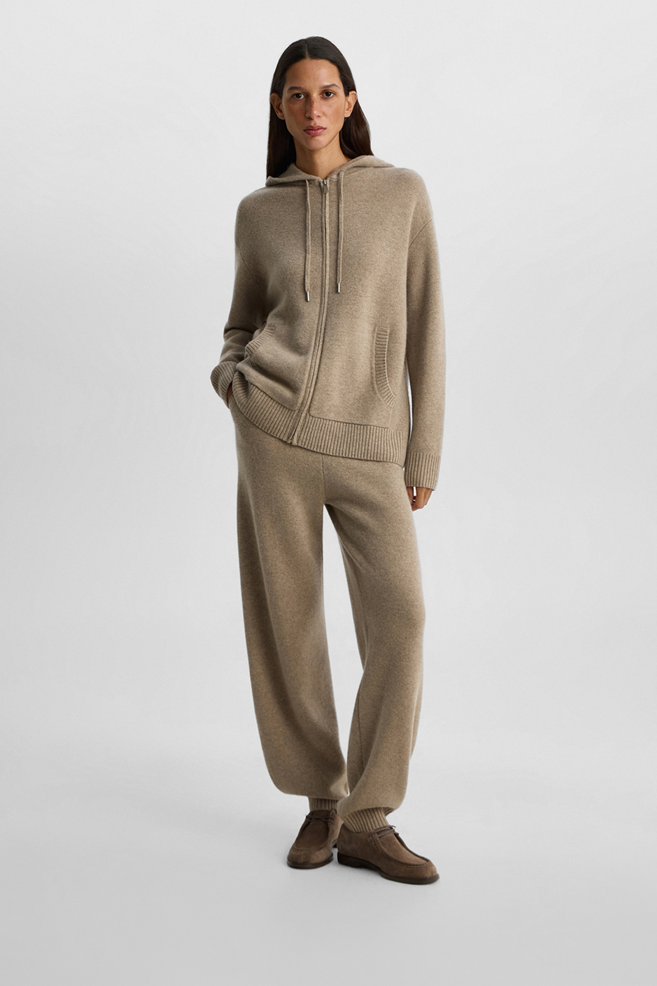 

Худи на молнии из шерсти с добавлением кашемира бежевого цвета, S