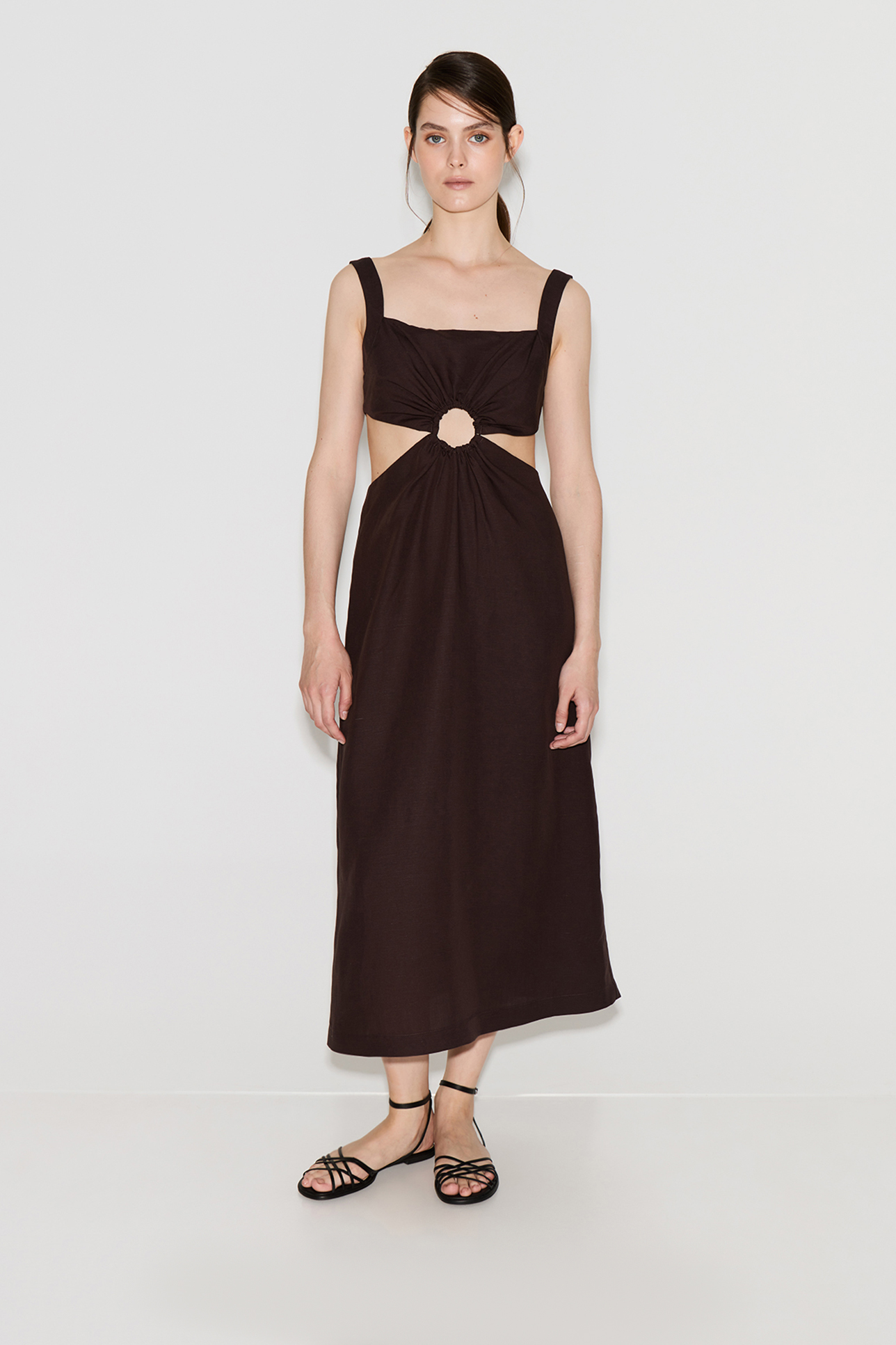 

Платье миди со льном шоколадного цвета, XS